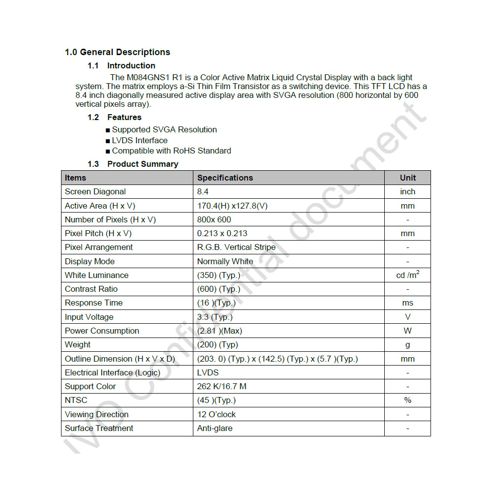Original M084GNS1 R1 IVO 800×600 LCD Module | Industrial Display Panel