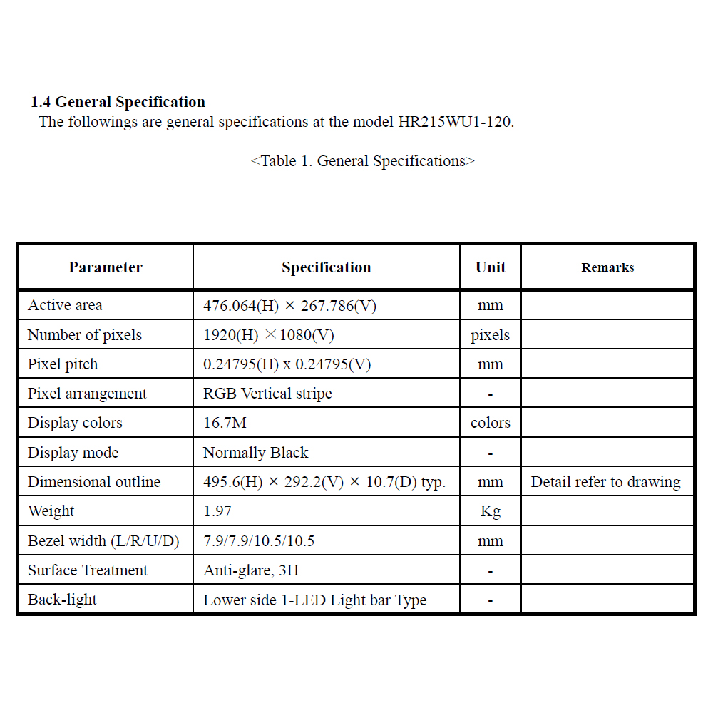 BOE HR215WU1-120 21.5″ FHD LVDS LCD Screen, 1920×1080 Commercial Display Panel