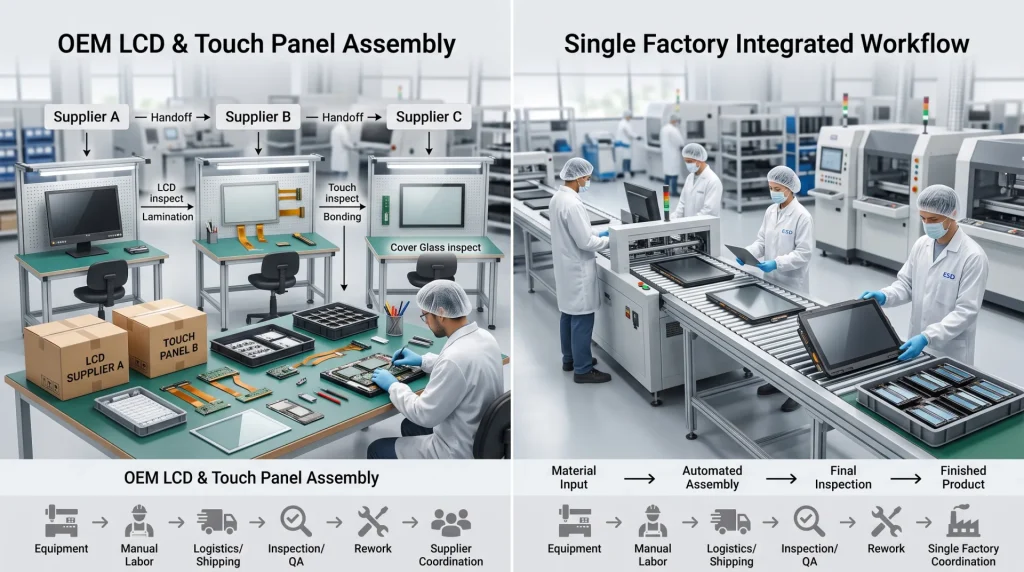 Comparison of multi-supplier internal LCD assembly and coordinated outsourced LCD touch panel assembly.
