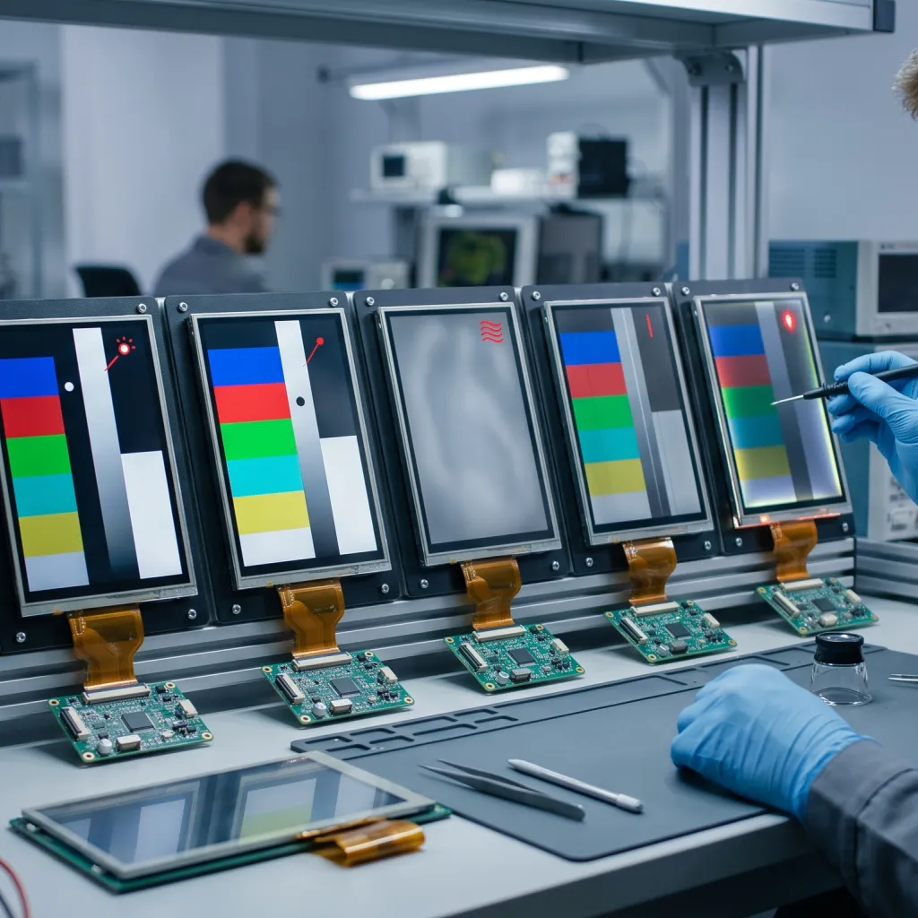 Quality engineer inspecting industrial LCD modules for pixel defects, MURA, light leakage, lines, and connector issues.