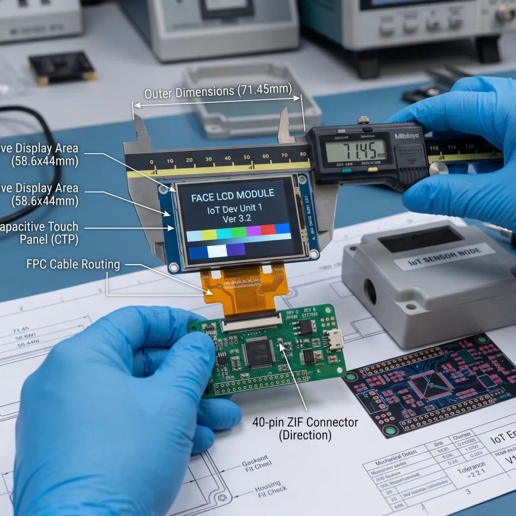 Engineer checking small LCD dimensions, FPC routing, connector position, and IoT enclosure fit