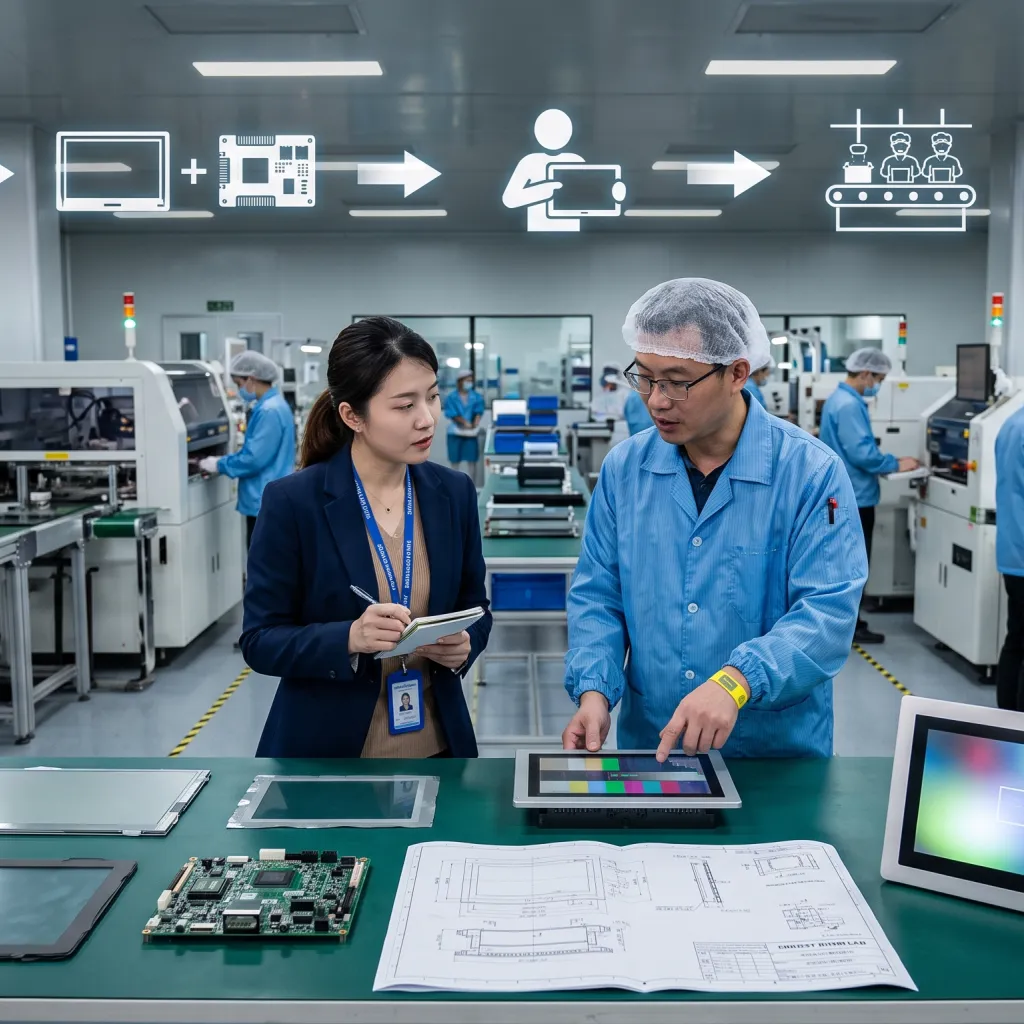 Custom LCD project workflow from technical requirements and component matching to assembly and final inspection.