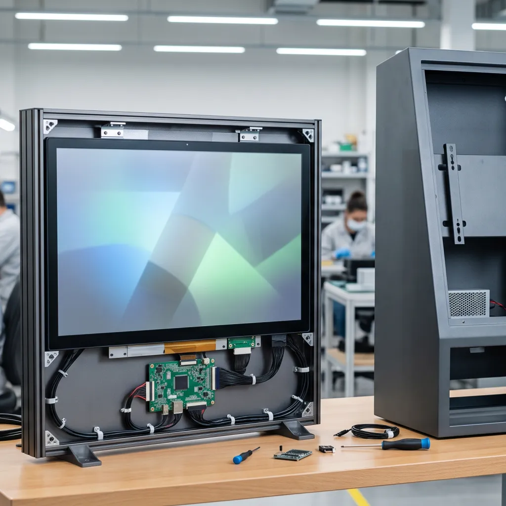 Custom open-frame kiosk display screen with touch panel, driver board, cables, and metal mounting structure.