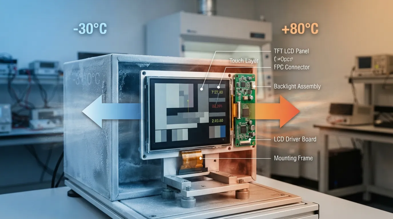 Detailed realistic close-up of a complete industrial display assembly during temperature testing, showing a TFT LCD module bonded to a touch panel and connected to an LCD driver board inside a prototype metal enclosure. Add subtle semi-transparent callout lines identifying the LCD panel, LED backlight, touch controller, bonding layer, FPC connector, and driver board, with a small visual indication that the lowest-rated component can limit the full system. In the background, show a controlled hot-and-cold test setup and monitoring instruments with screens blurred so no fake UI text is readable. Professional electronics manufacturing laboratory, clean anti-static environment, neutral grey surfaces, directional side lighting that highlights component layers and connectors, macro three-quarter camera angle, realistic B2B technical photography.
