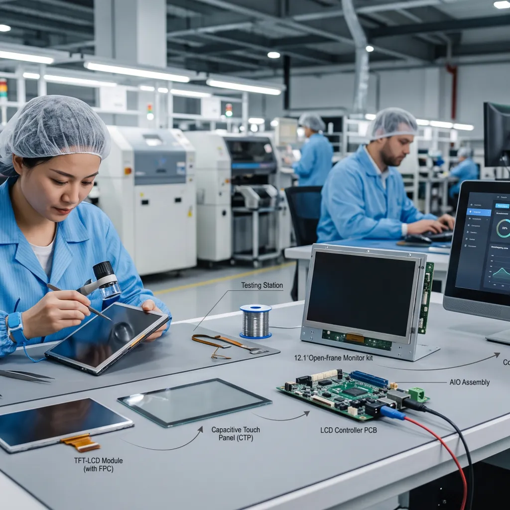 Custom LCD modules, touch panels, driver boards, and monitors prepared as an integrated factory-direct display solution.