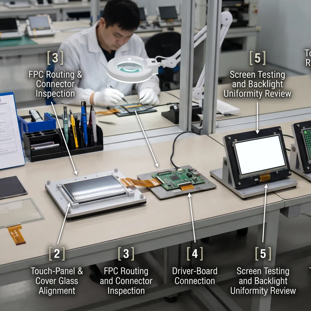 Step-by-step inspection process for industrial LCD modules, touch panels, connectors, backlights, and final assemblies.