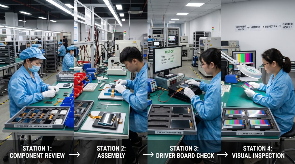 Small LCD modules undergoing touch assembly, driver board connection, and factory inspection