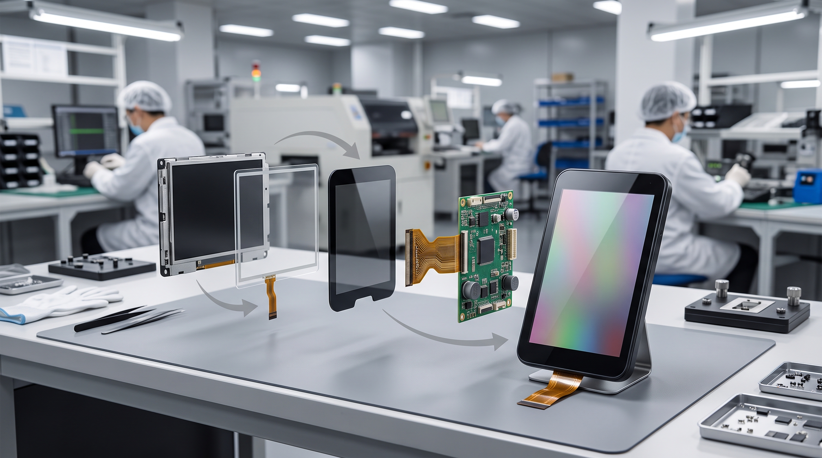 Custom LCD module, touch panel, cover glass, driver board, and connector assembled as one OEM display solution.