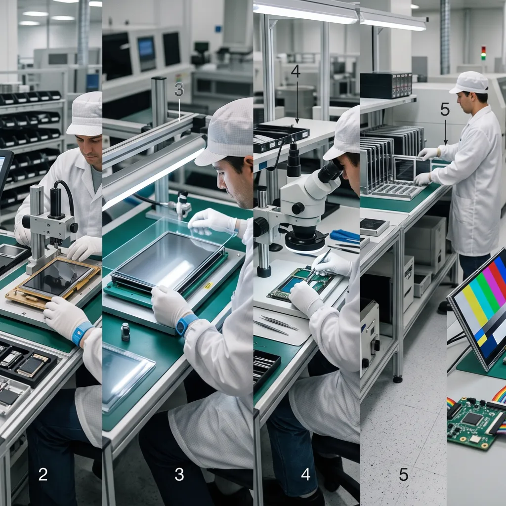 LCD and touch panel assembly process from drawing review and alignment to bonding, testing, and final inspection.