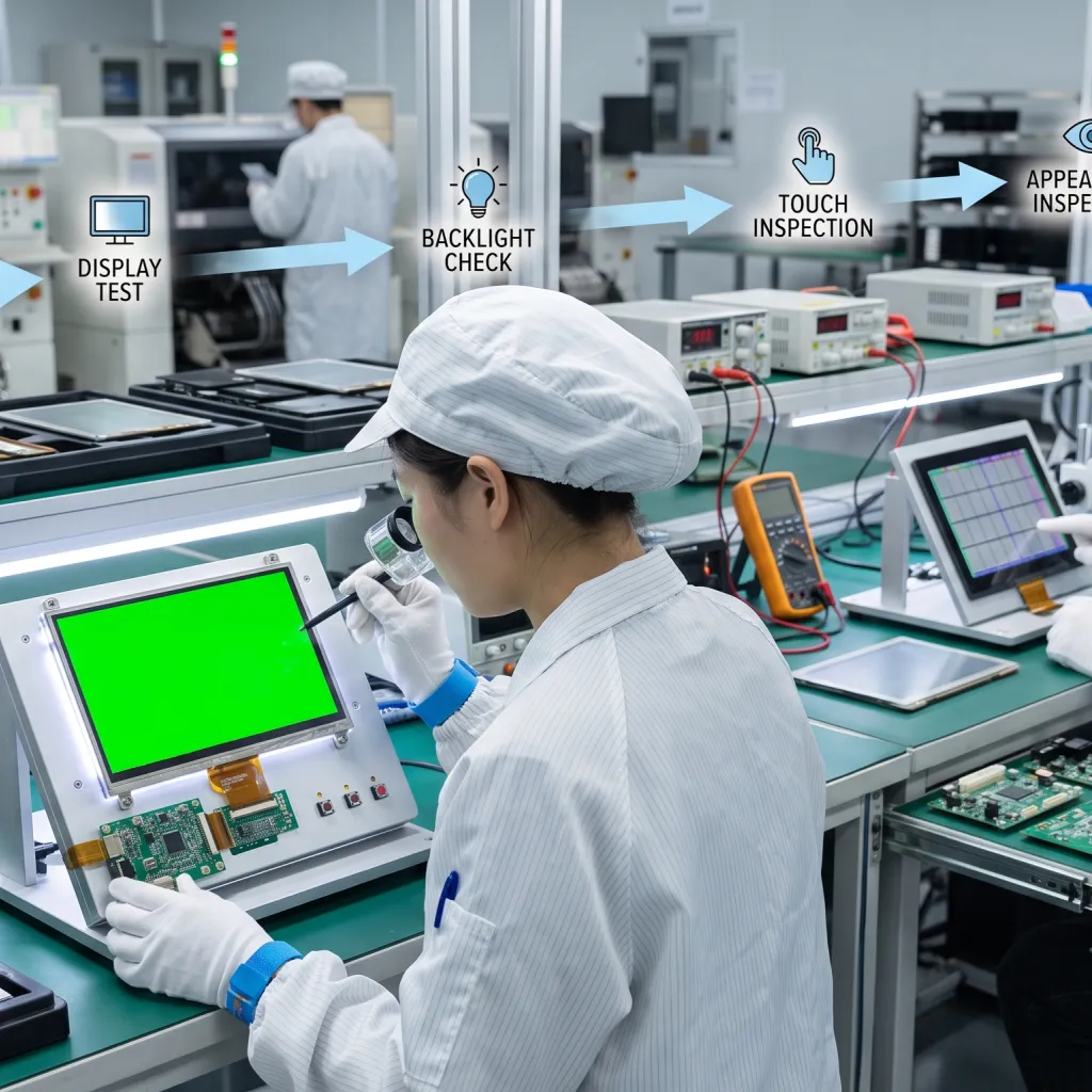 Industrial LCD modules moving through display, backlight, touch, appearance, and final quality-control checks.